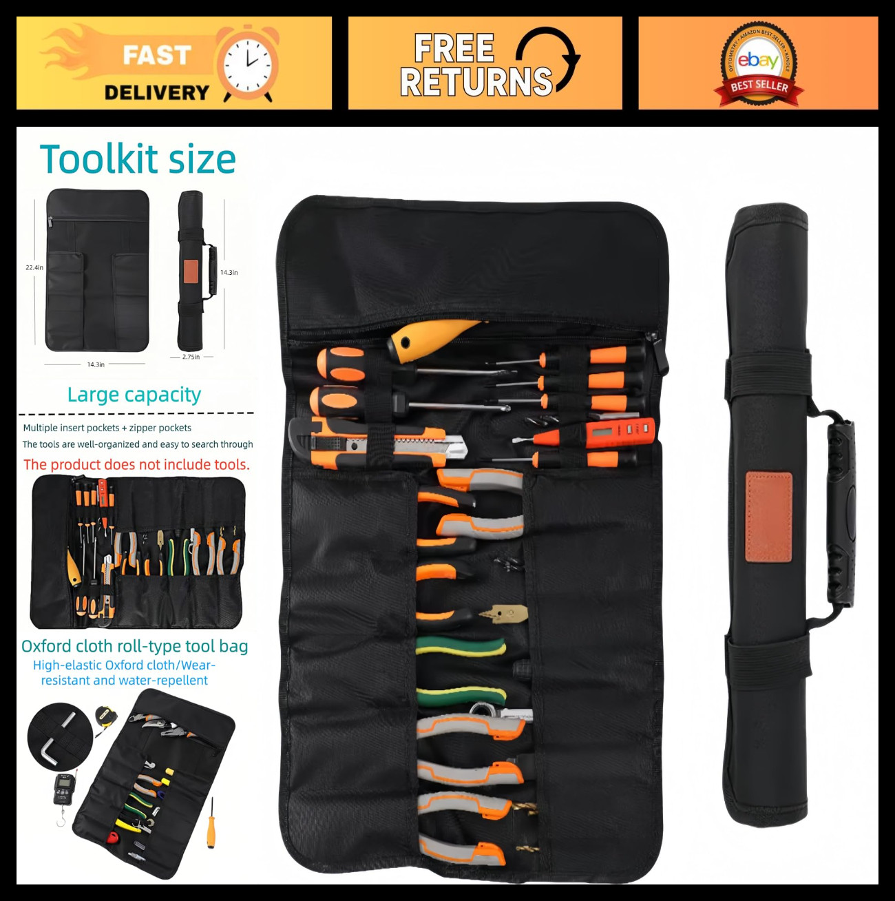 Heavy Duty Waterproof Tool Roll Up Bag, 22+1 Pocket Organizer Pouch, Portable To