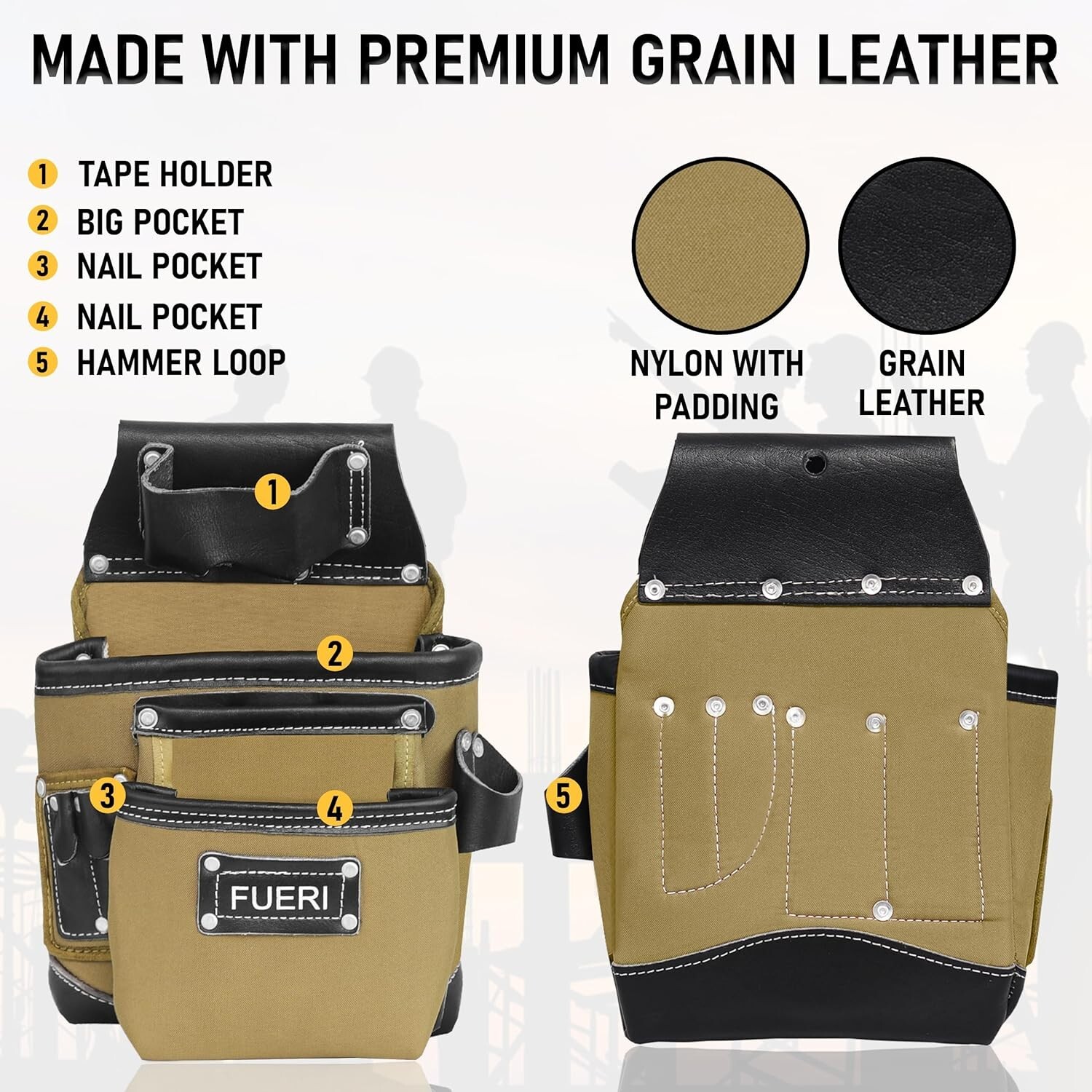 19 Pocket Tool Belt Men Heavy Duty Tool Pouch Nylon Leather Carpenters Bag