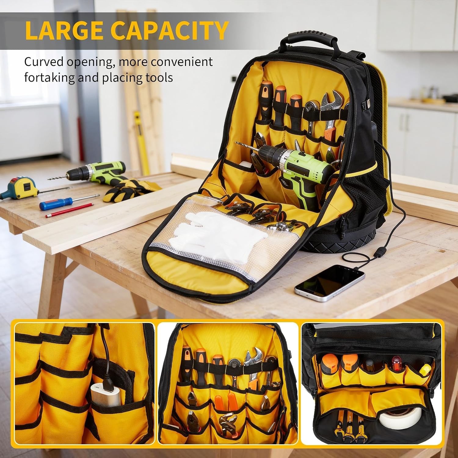Professional 18 Inch Tool Backpack Oxford Work Bag Hard Bottom Laptop Tool Bag