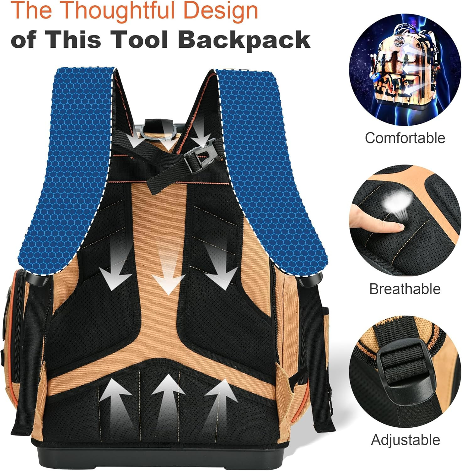Heavy Duty Tool Backpack with 2 Bags, Laptop Compartment & Lock, Water-Resistant