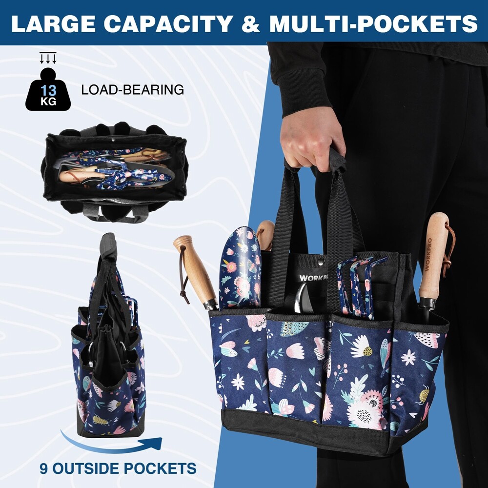 WORKPRO 12″ Garden Tool Bag Tote Bag Heavy Duty 9 Pocket Oxford Tool Storage Bag