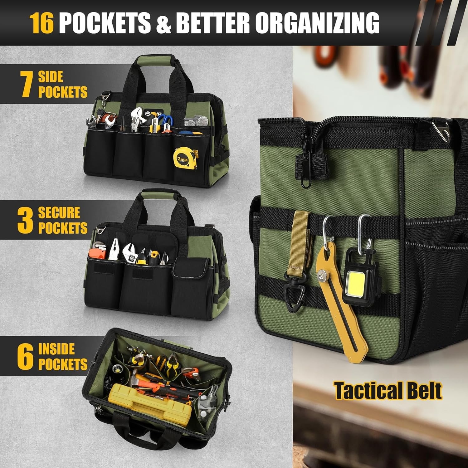 Versatile 15-Inch Tool Bag with 16 Compartments and Heavy-Duty Zipper – Green