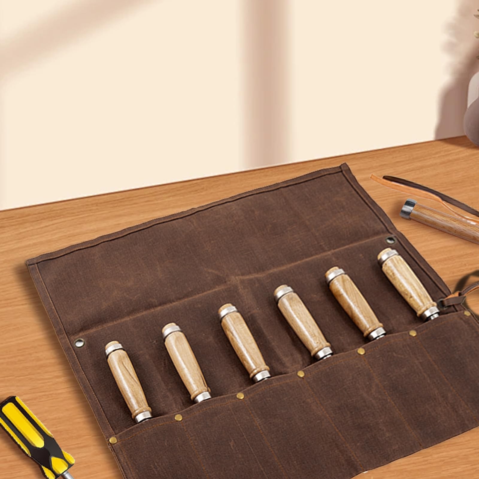 Chisel Roll,6 Pockets Roll Up Tool Pouch,Waxed Canvas Small Tool Roll Organiz…