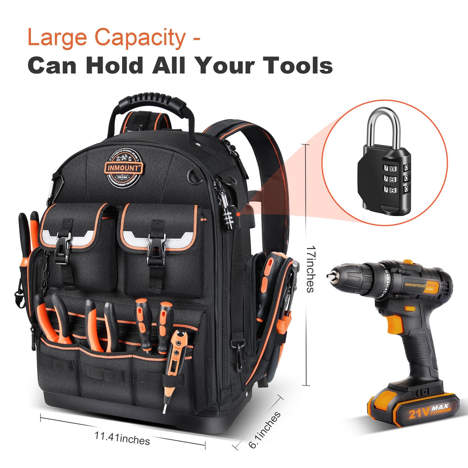 LOKASS Tool Backpack Heavy Duty with Molded Bottom, 1680D 56-Pocket Tool Bag …