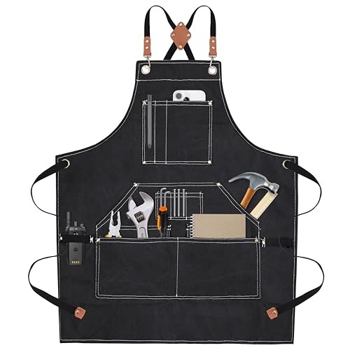Handmade Work Apron with 11 Tool Pockets, Heavy Duty Waxed Canvas Black