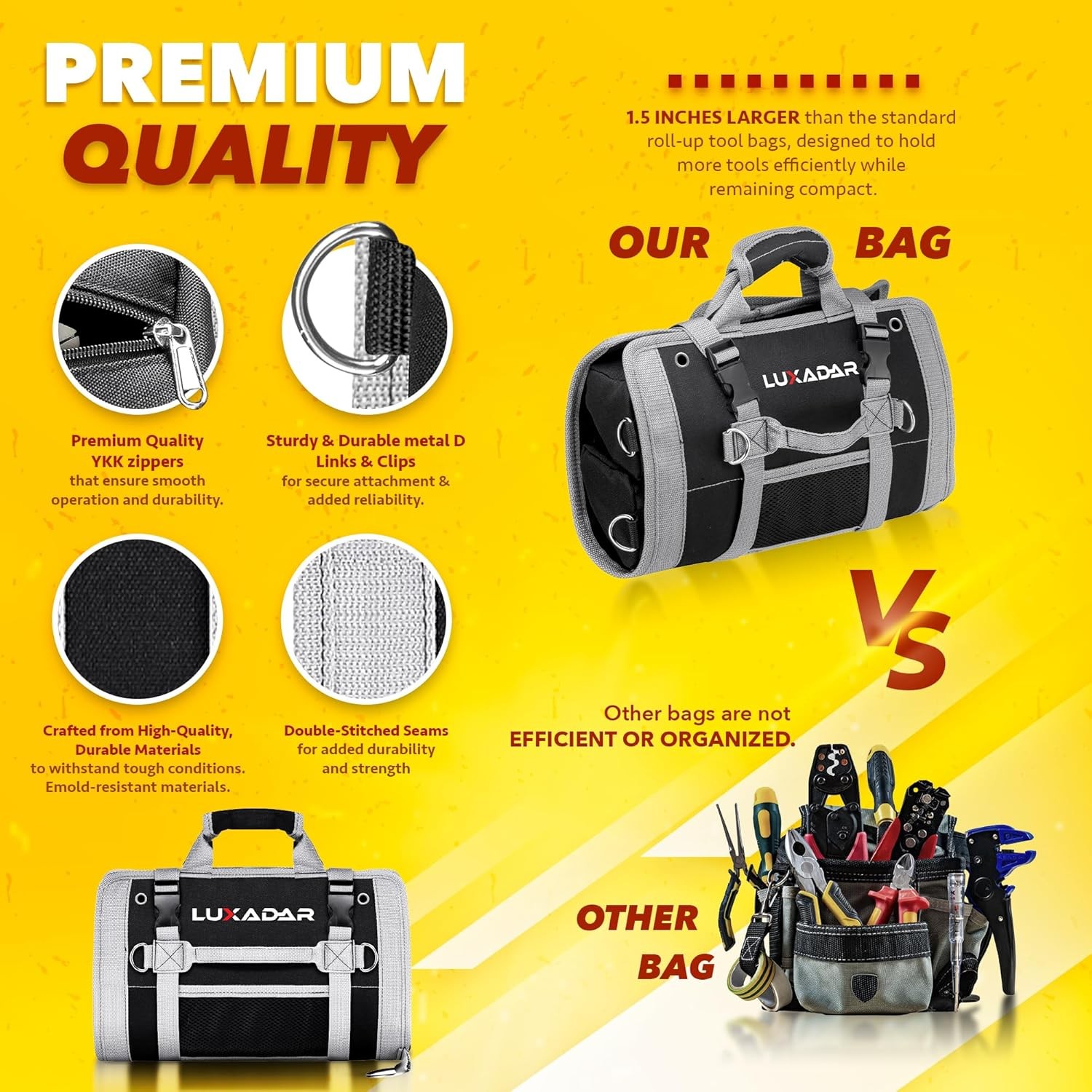 Updated Roll Up Tool Bag, Extra Features, 5 Detachable Pouches with Name…