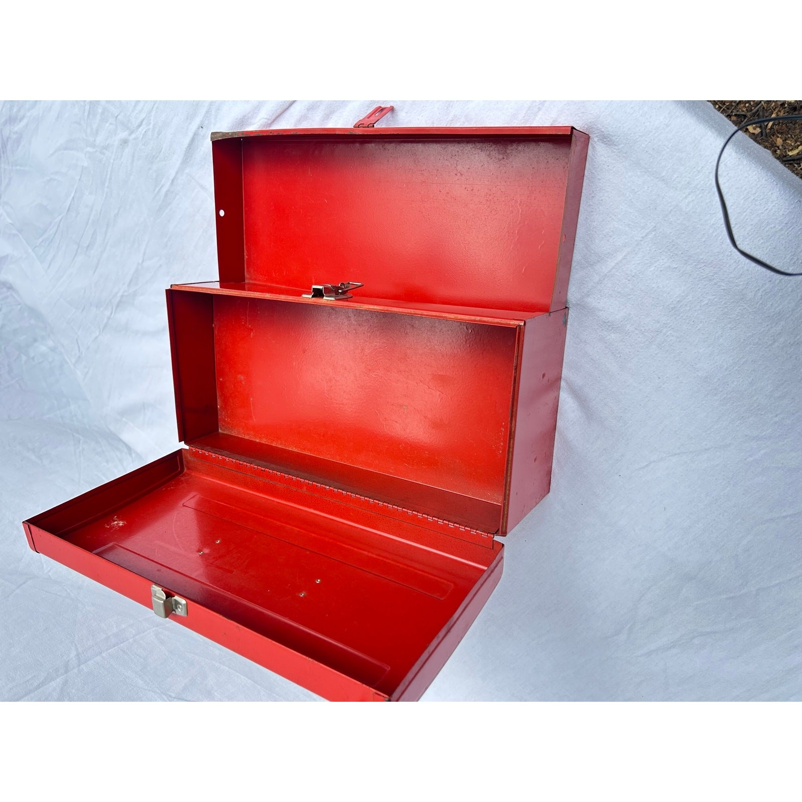 Vintage metal cherry red toolbox with pull out drawer