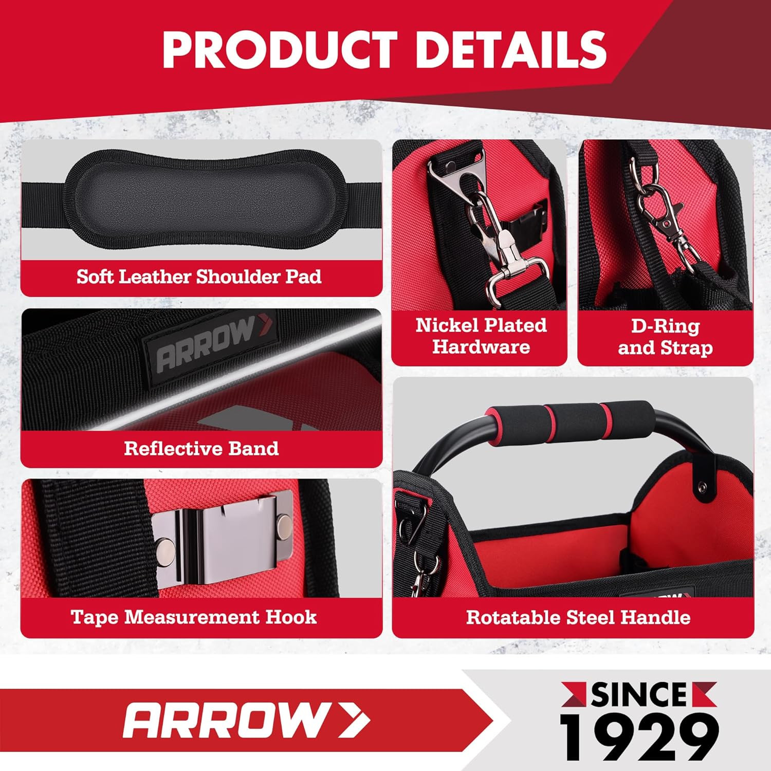 ARROW 12″ Tool Tote with Waterproof Hard Base, Electrician Tool Bag with 19 Pock