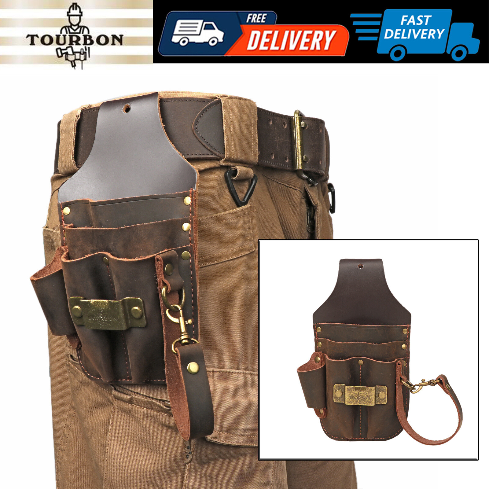 TOURBON Leather 5 in 1 Holster Electric Tape Thong Carry Tool Pouch Belt Holder