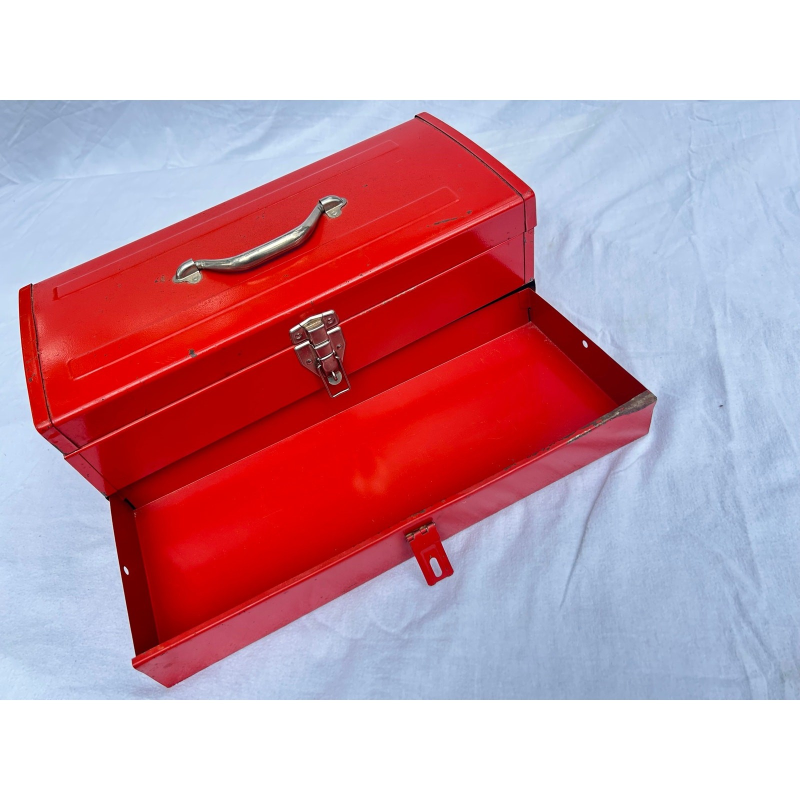 Vintage metal cherry red toolbox with pull out drawer