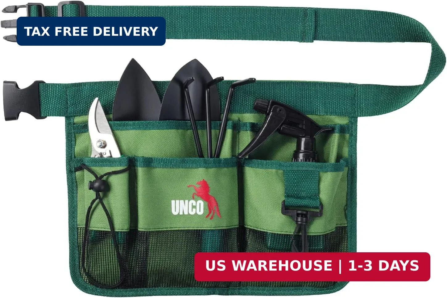 UNCO- Adjustable Gardening Belt, Green, 7 Pockets, Wear, Cut and Water Resistant