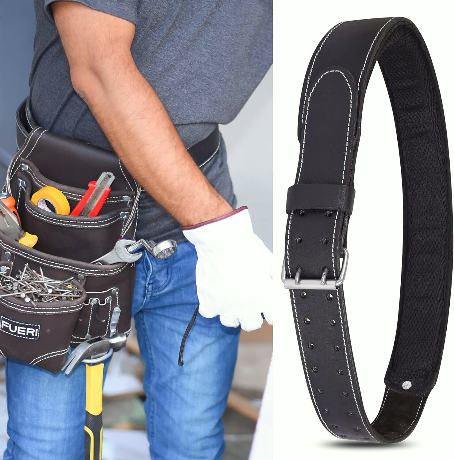 FUERI Leather Tool Work belt for men 2.5″ Foam Padded Thick Tool Pouch Belts