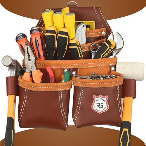 Leather Tool Pouch for Electrician | 5 Pockets Framers Tool Belt Pouches Maroon