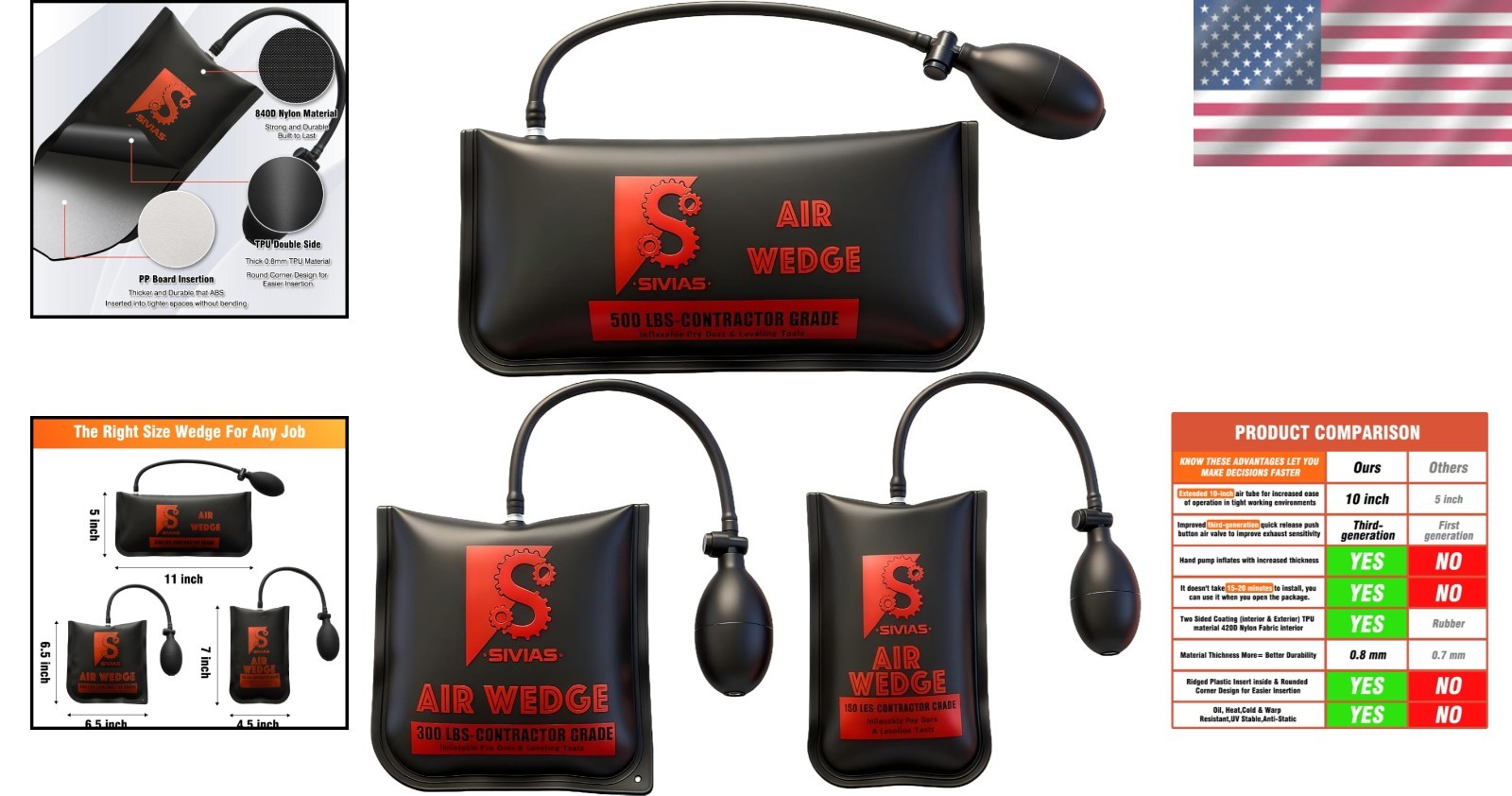3 Size Inflatable Air Wedge Shim – Heavy-Duty Leveling Tool, 500 LB Capacity