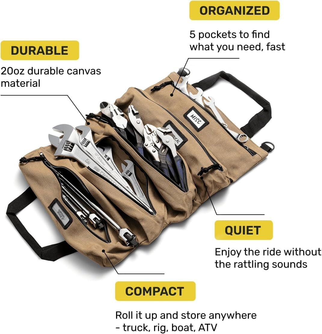 Voyager Durable Canvas Tool Roll Bag – 5-Pocket with YKK Zippers, Khaki