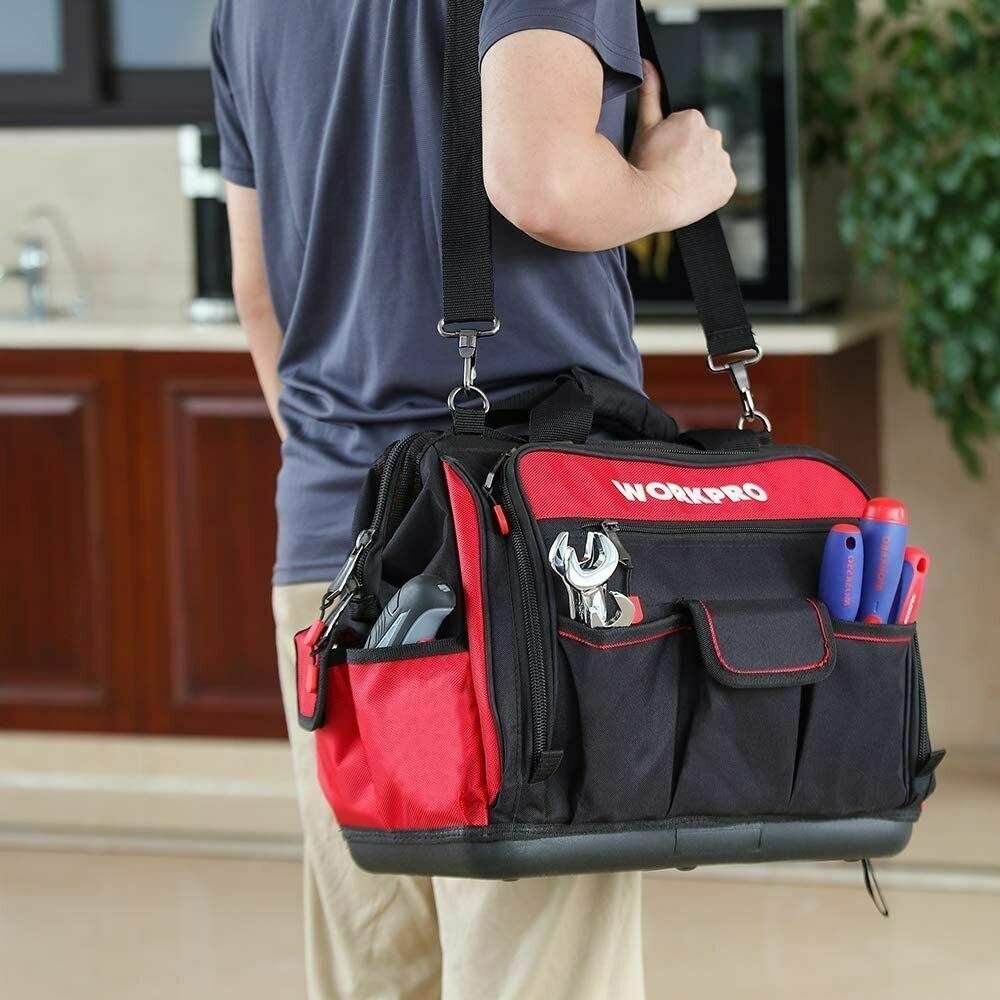 WORKPRO 16″ Wide Mouth Heavy Duty Tool Bag Tool Tote Storage 40Pocket Zipper Bag