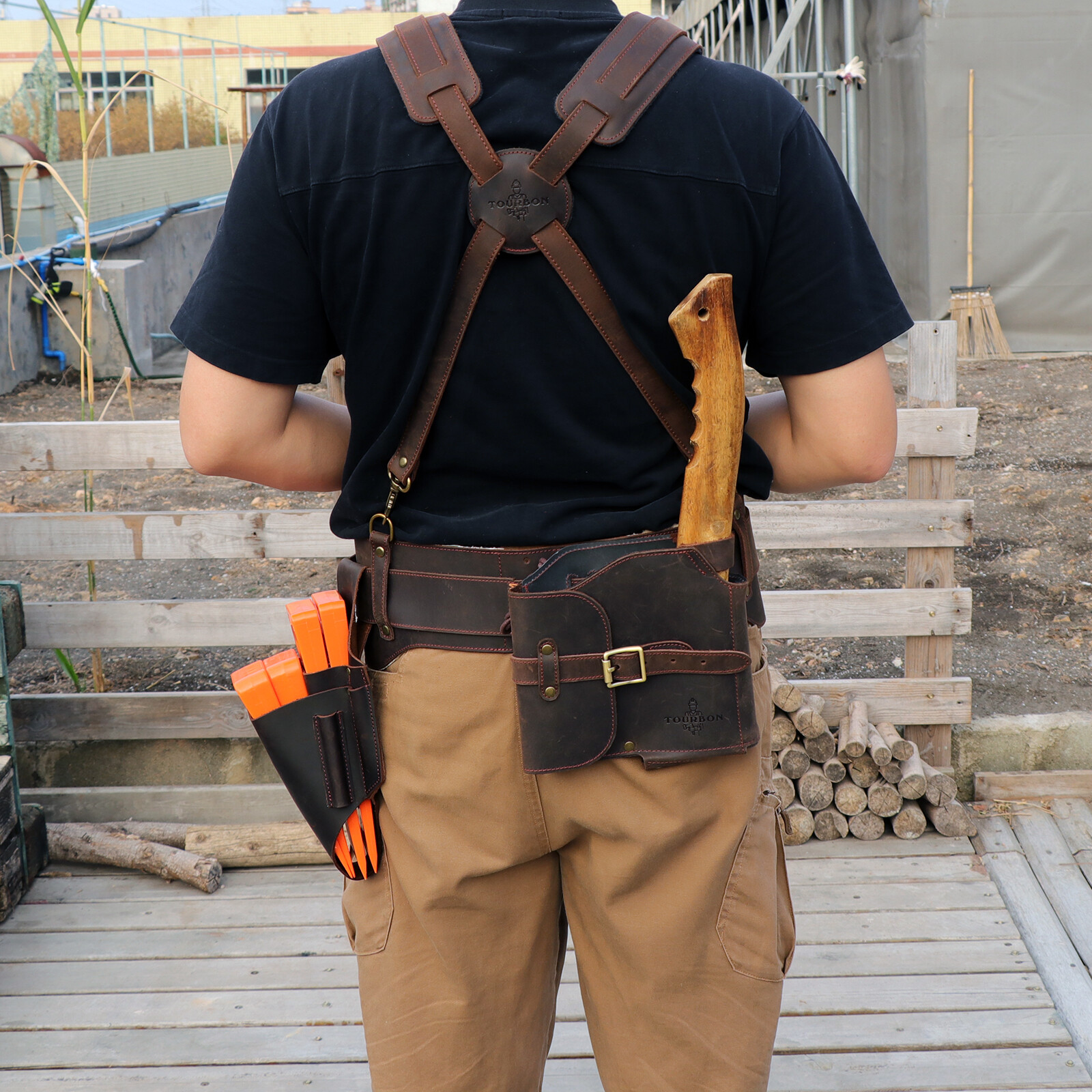 TOURBON Leather Logging Belt Kits Felling Tools Carry Suspenders Adjustable Gift