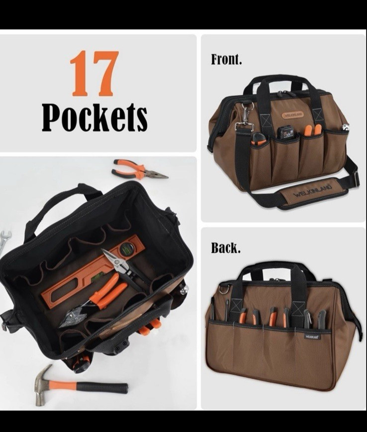 Welkinland Brown 17-Pockets Tool Bag 14″ Portable Heavy Duty with Shoulder Strap