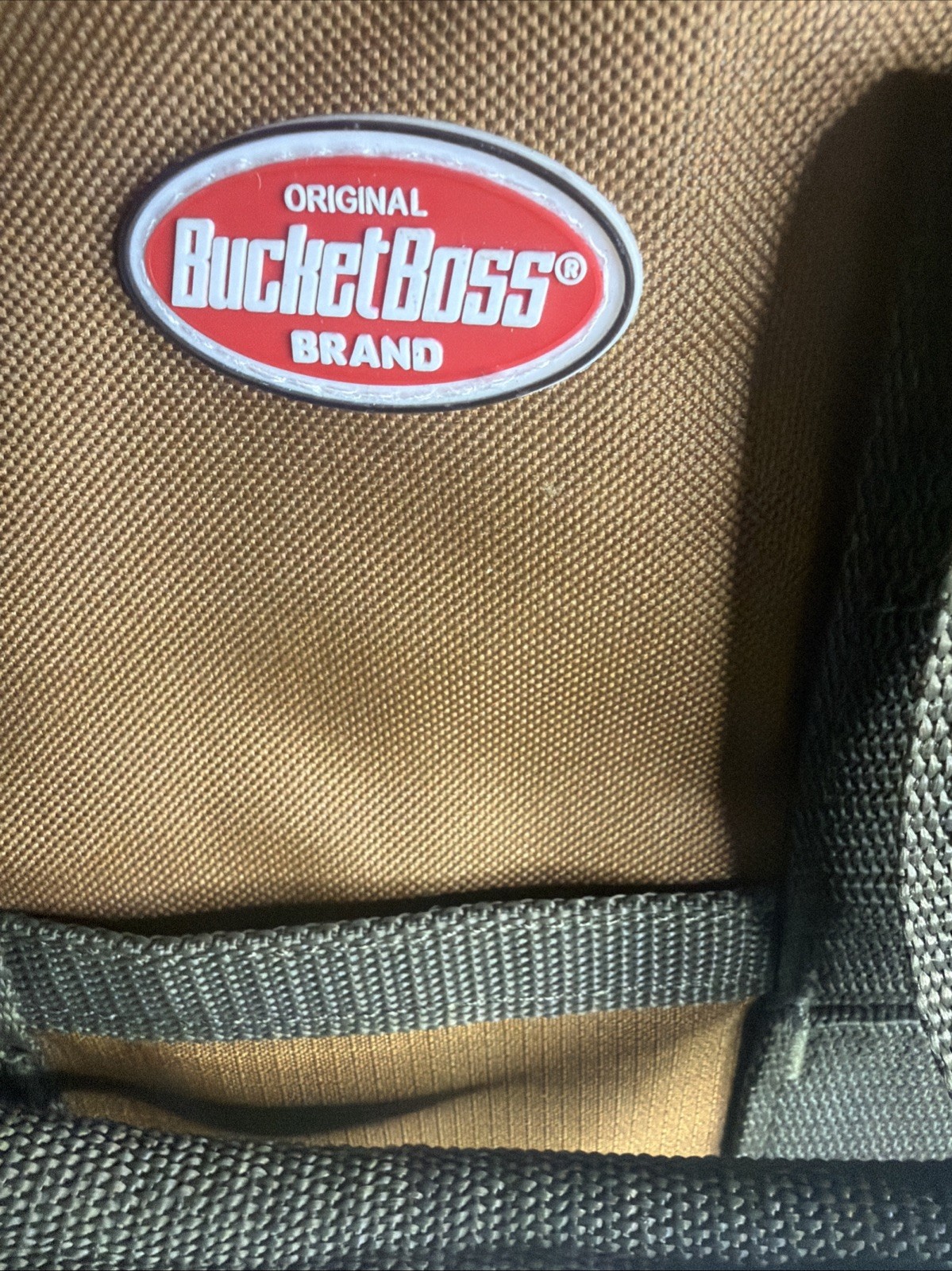 Bucket Boss Tool Bag: 16 Inches Wide 12 Pocket Brown And Green Heavy Duty NEW.