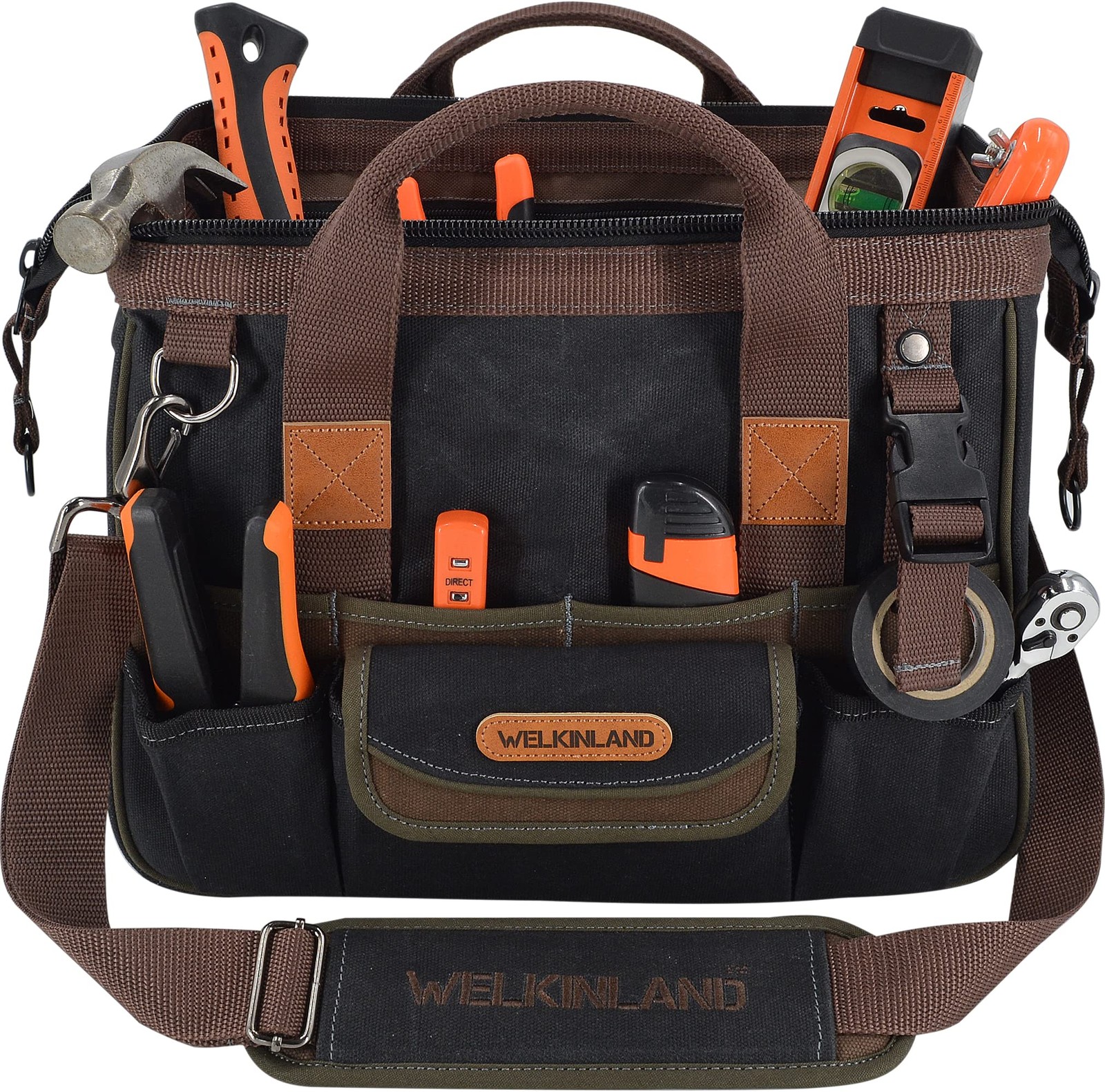 WELKINLAND 30-Pockets Canvas tool bag, 14-Inch Heavy Duty tool bag, Waxed Canvas