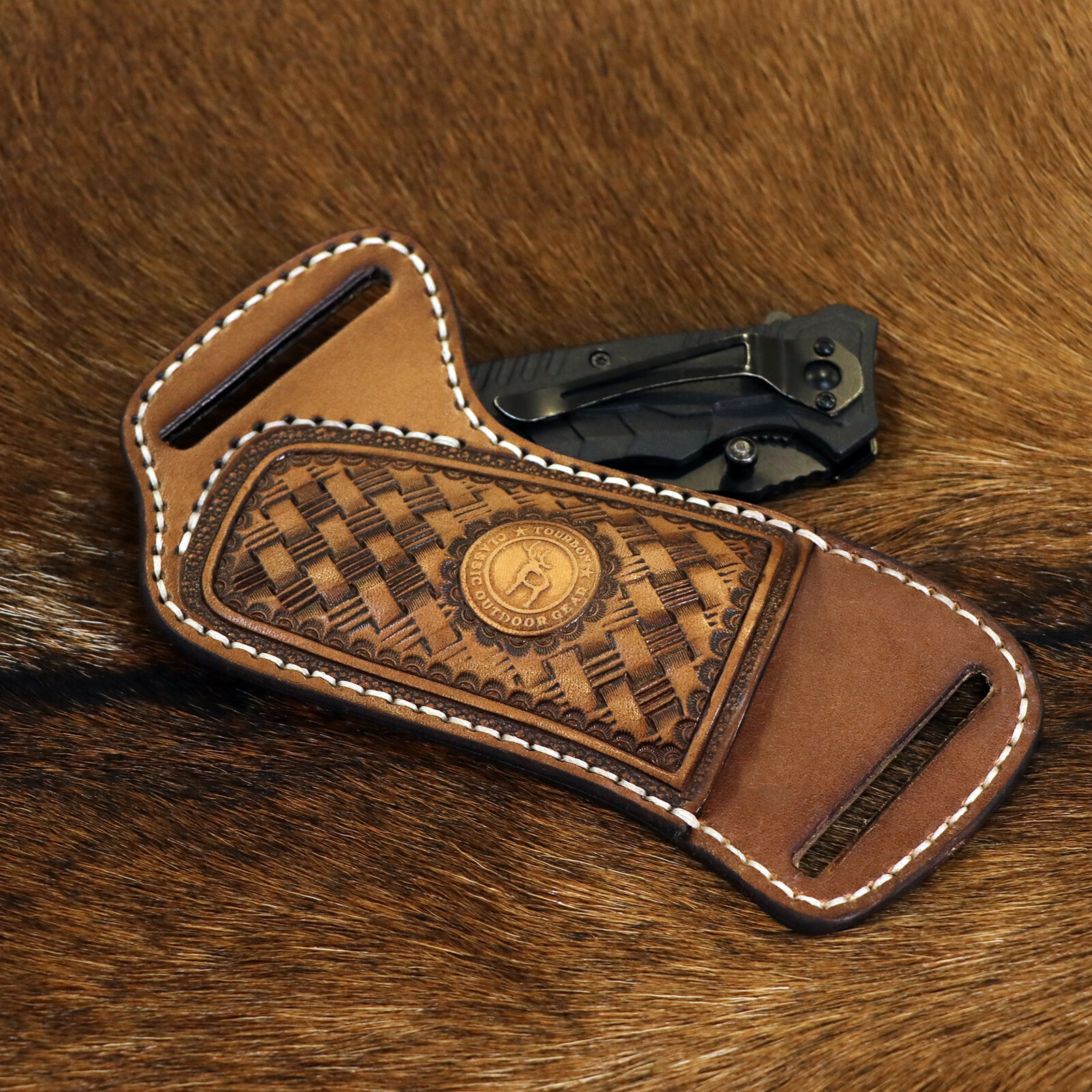 TOURBON Leather Folding Knife Sheath Belt Carry Pouch Tool Pocket Knives Holster