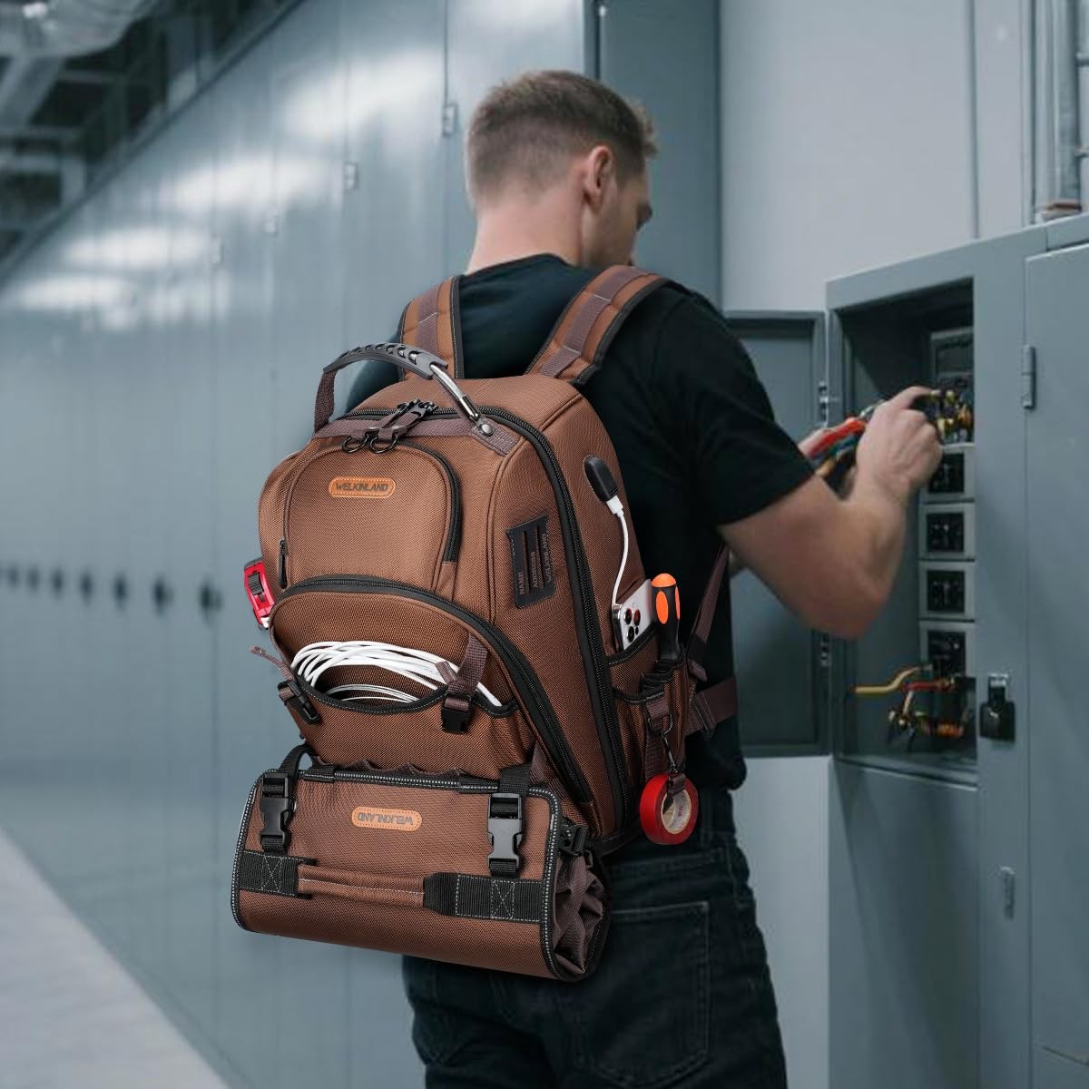 WELKINLAND 70Pockets HVAC Tool Backpack With Medium to Large, Brown & Black