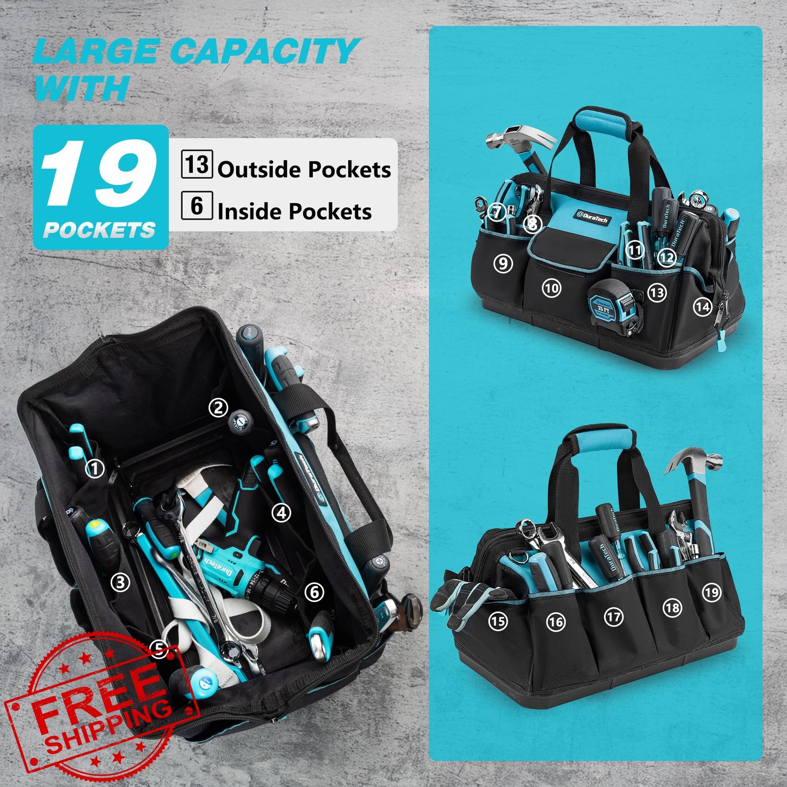 DURATECH 18″ Tool Bag, Waterproof Hard Bottom, 19 Pockets