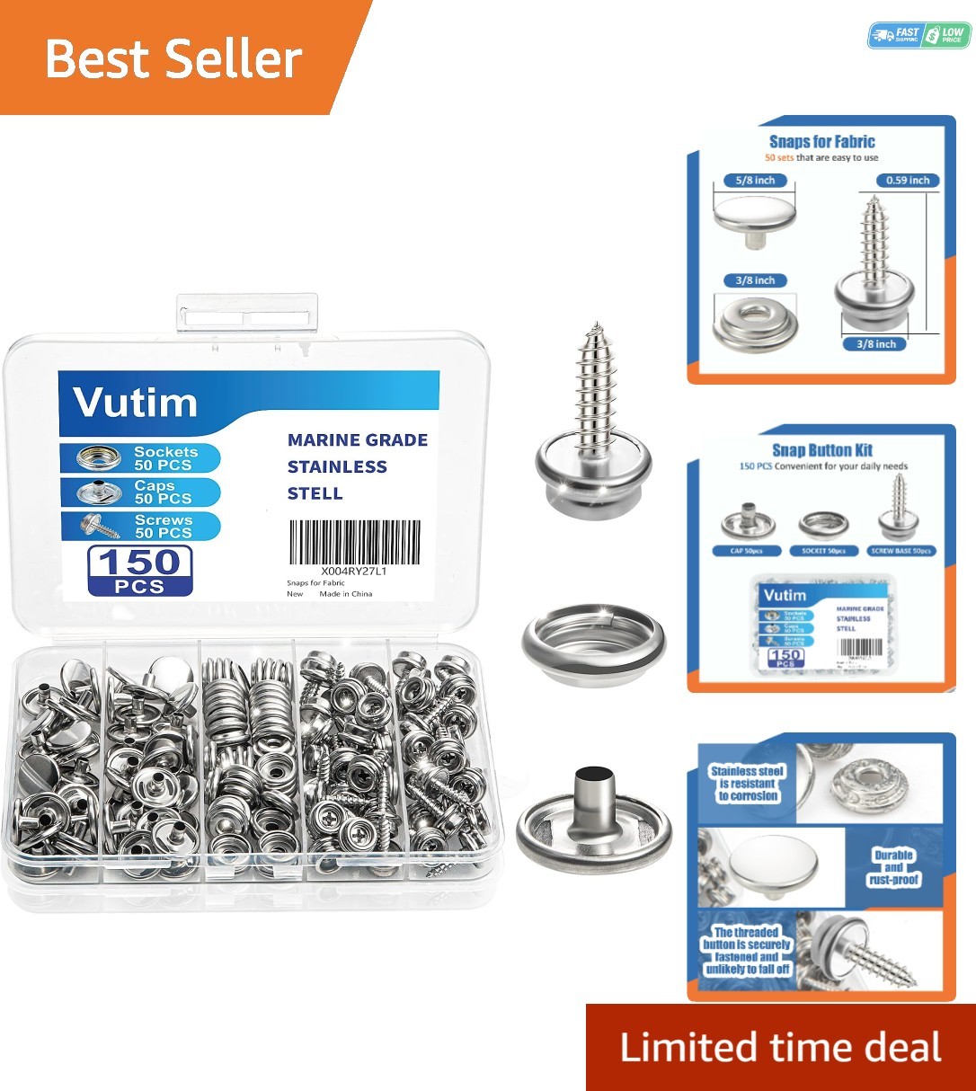 150 PCS Marine-Grade Stainless Steel Canvas Snap Fastener Kit for DIY Crafting