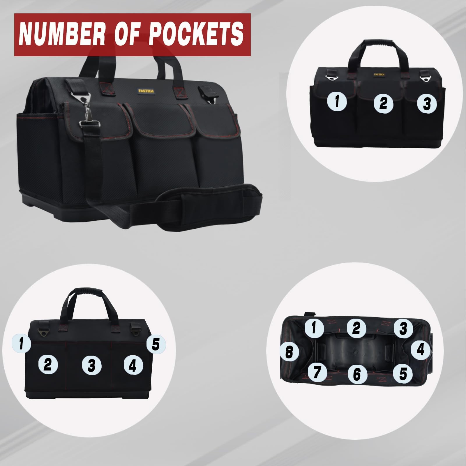 FASTECH 20-inch Heavy Duty Bottom Tools Bag with Wide Mouth 20IN BOTTOM, red