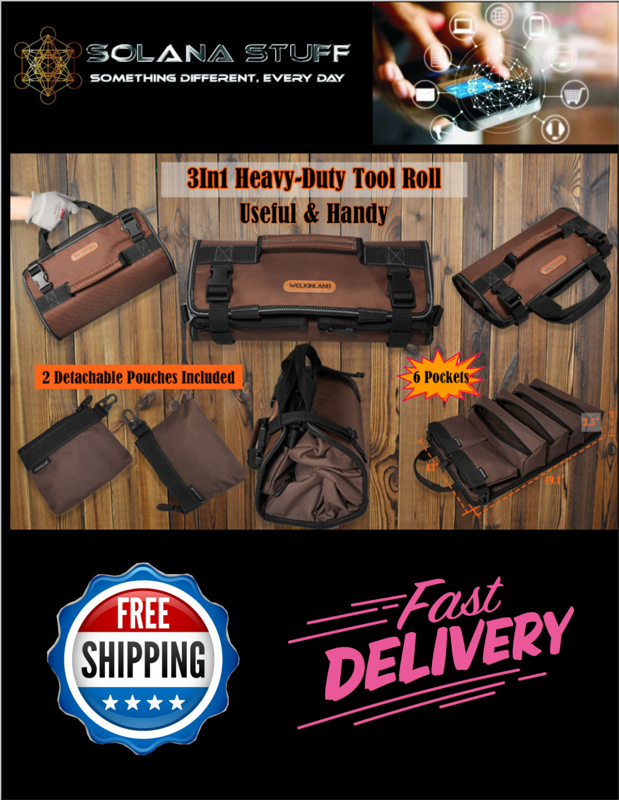 WELKINLAND 3In1-Pack Tool Roll, 6-Pocket Roll-Up Tool Organizer