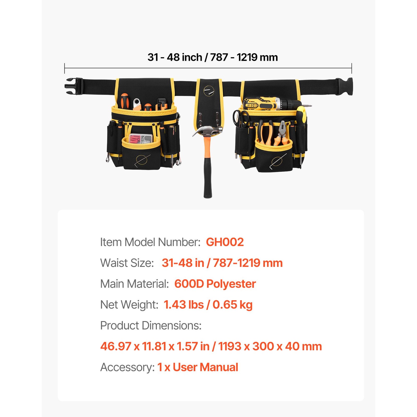 Carpenter Tool Belt with Magnets, 28 Pockets, Reinforced 600D Polyester