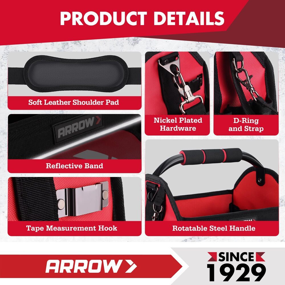 ARROW 12″ Tool Tote Hard Base Electrician Tool Bag Open Top Tool Bag w/19 Pocket