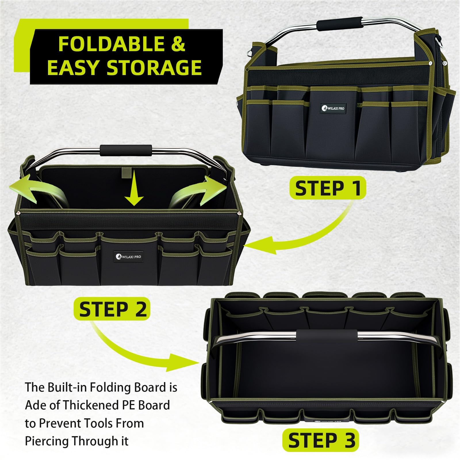 20 Inch Foldable Open Top Tool Bag Tote Heavy Duty Carrier Wide Mouth Green