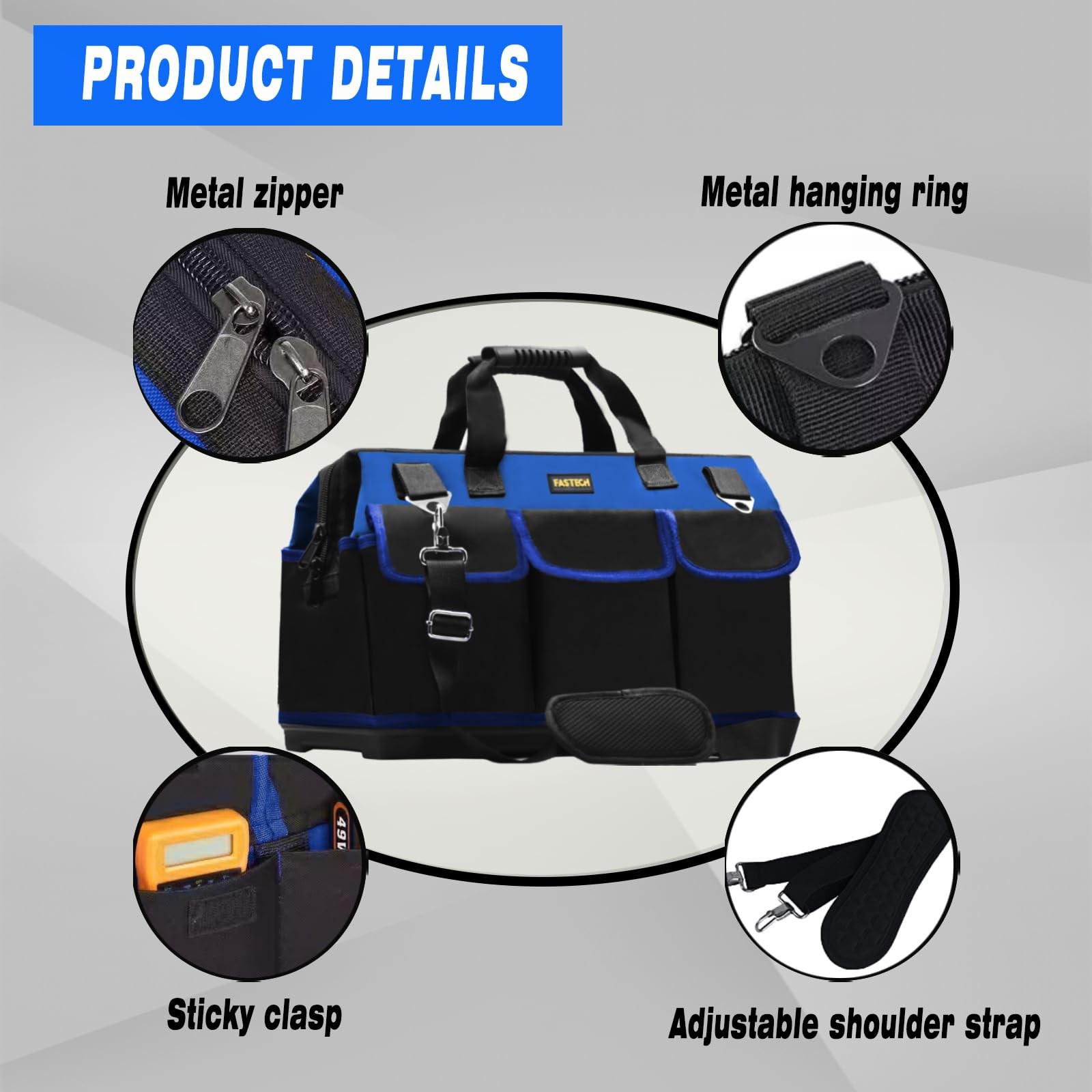 20 Inch Bottom Tool Bag Wide Mouth Storage Organizer Heavy Duty Tote Pockets