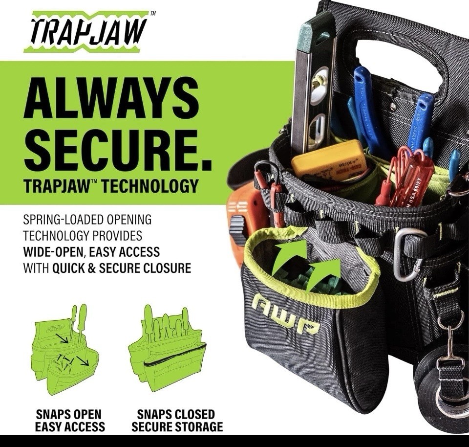 AWP TrapJaw 3-in-1 Electrician Tool Pouch, Adjustable Strap, Black/Green