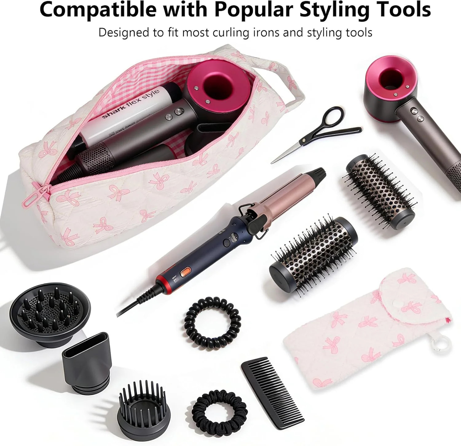 Hair Tool Bag with Matching Small Pouch, Pink Bow Quilted Hair Tools Travel Bag,
