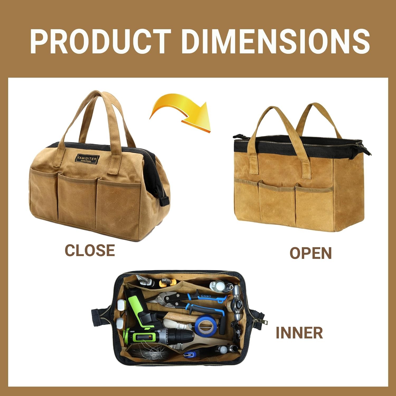 Waxed Canvas Tool Bag 16oz – Heavy Duty Zipper, Multi-Pocket Storage Organizer