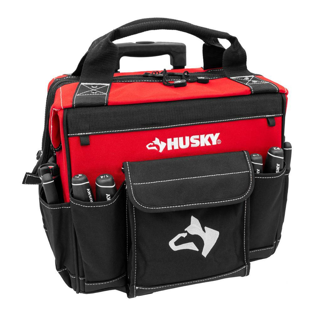 14 in. Zipper Top Rolling Water Resistant Tool Tote Bag in Red with 13 total