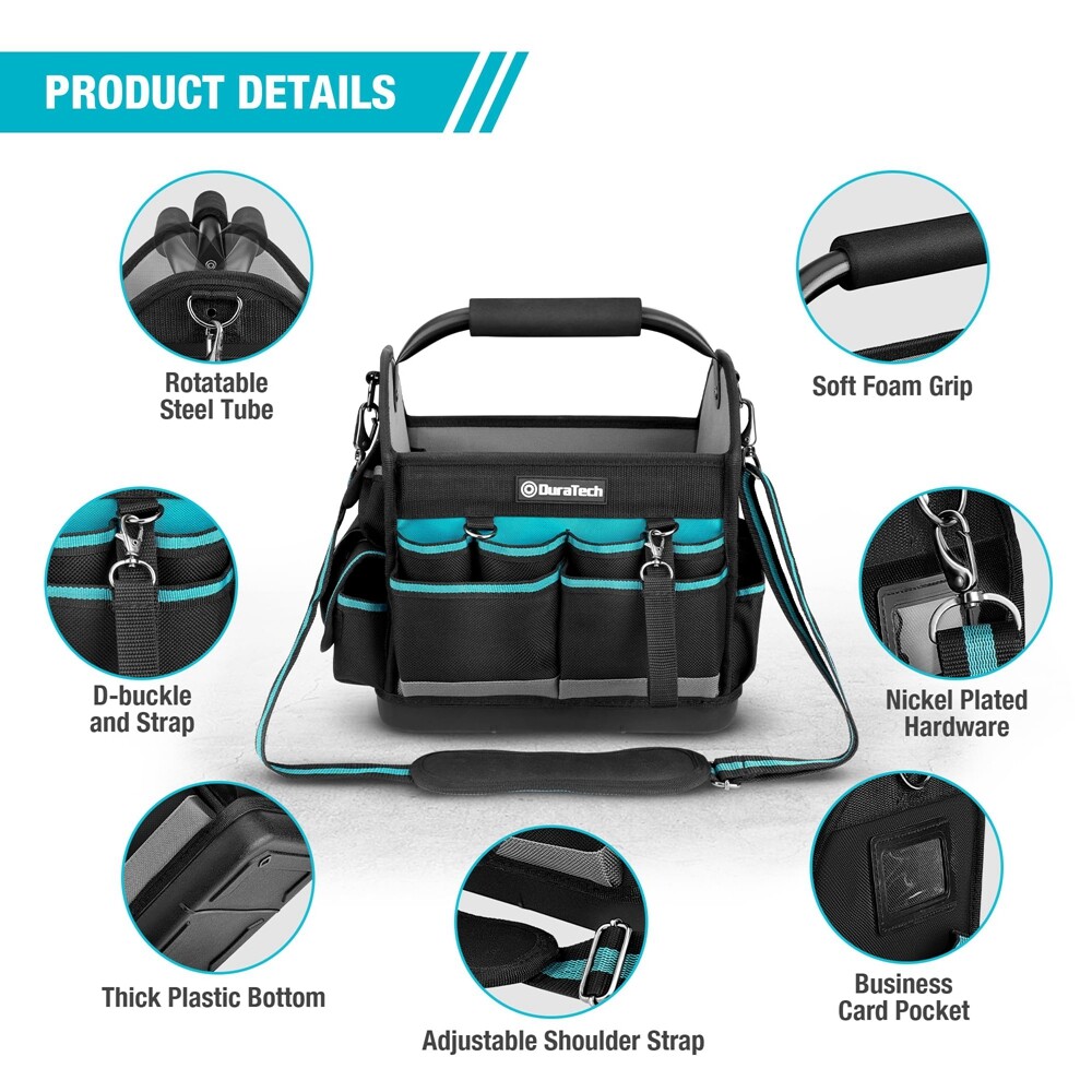 DURATECH 12 Inch Tool Tote with Waterproof Hard Bottom Electrician Tool Bag New
