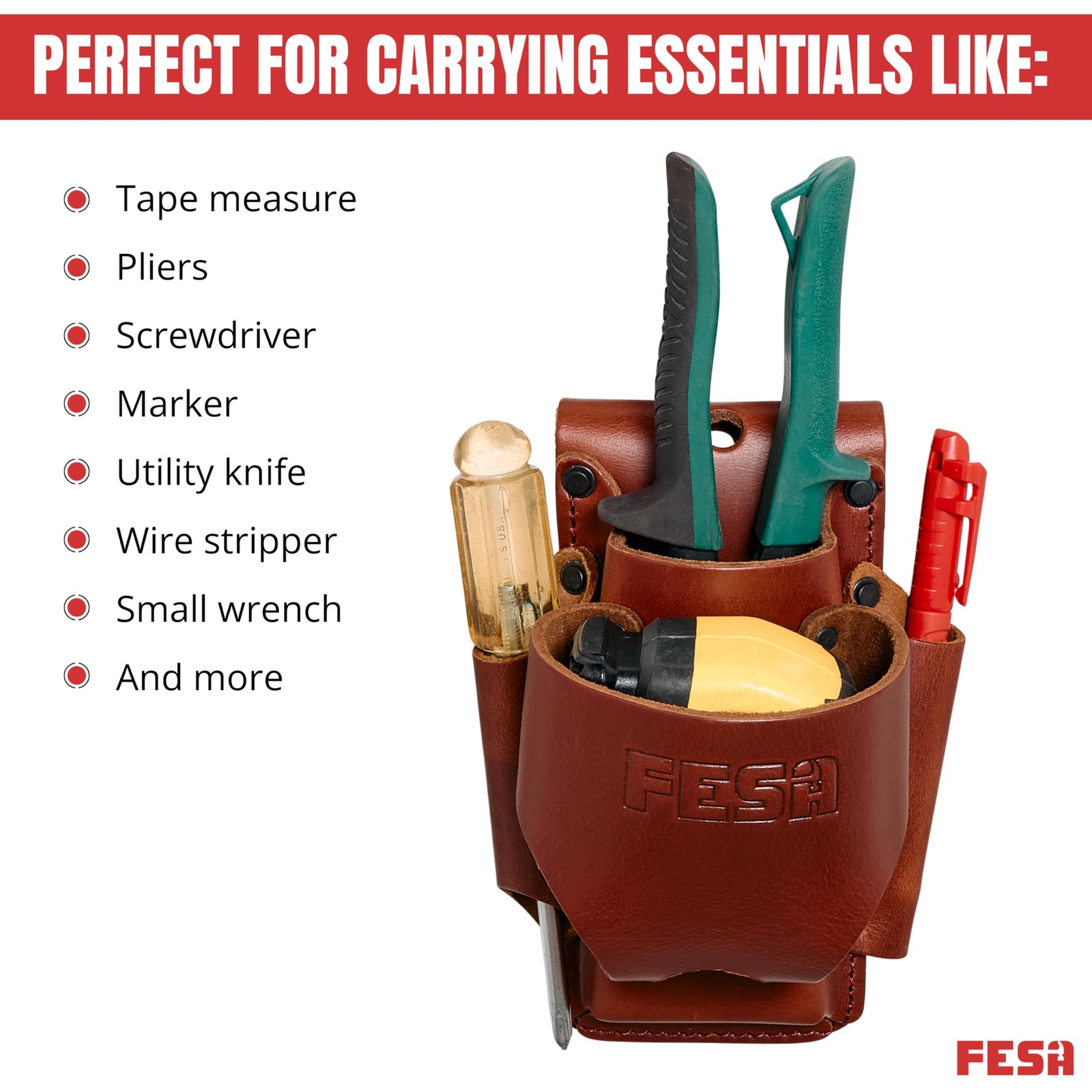 Leather Tape Measure Holder – 4-in-1 Heavy Full Grain Leather Small Tool Pouc…