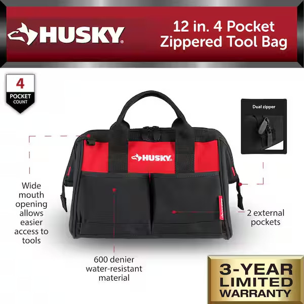 12 in 4 Pocket Zippered Tool Bag Dual-Zipper Water-Resistant Material