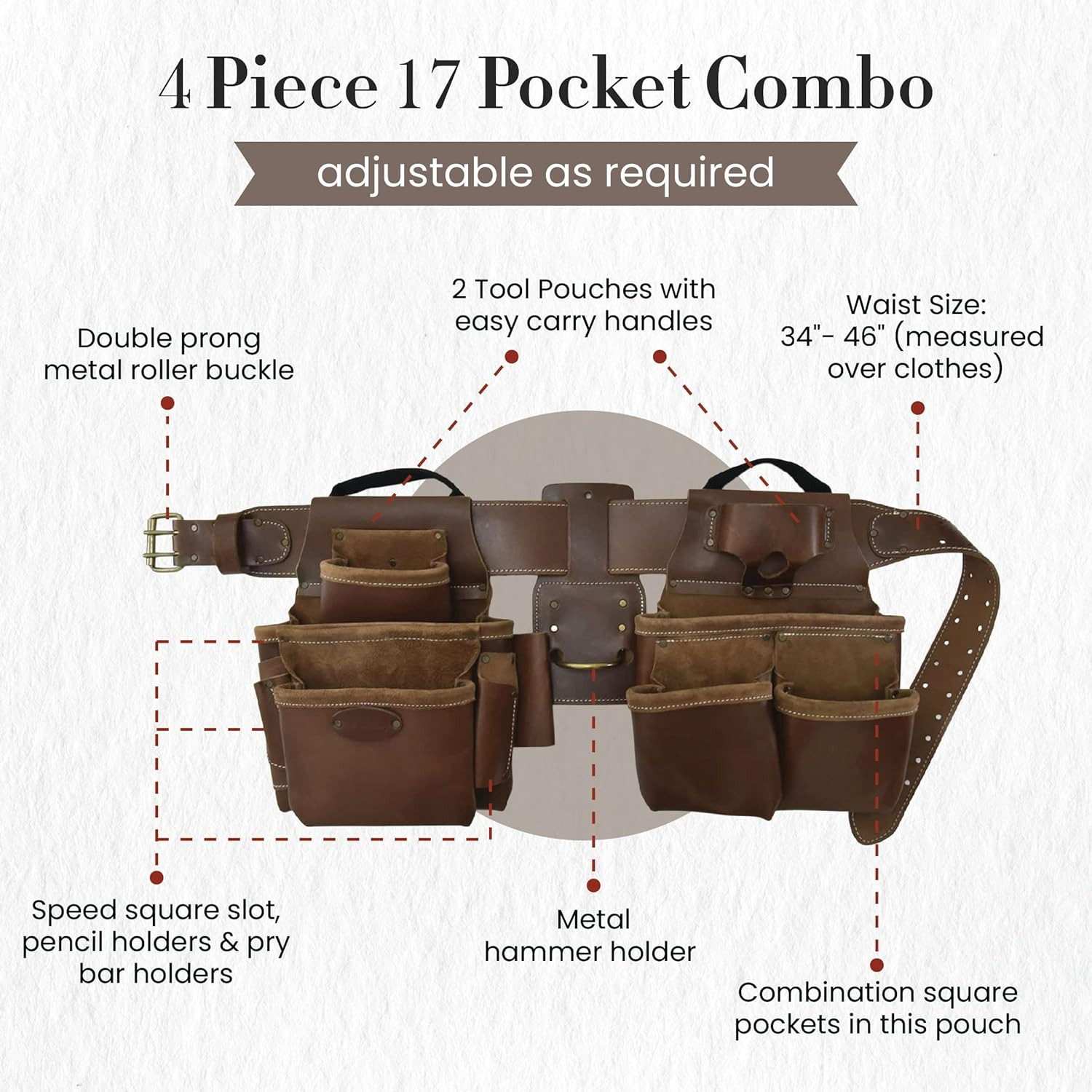 – 4 Piece and 17 Pockets Pro Framer’S Combo, Tool Belt with 2 Tool Pouches and 1