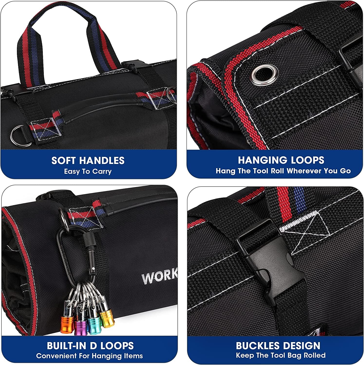 WORKPRO Roll Up Tool Bag Black/Camo with Detachable Tool Pouches with 6 Pockets