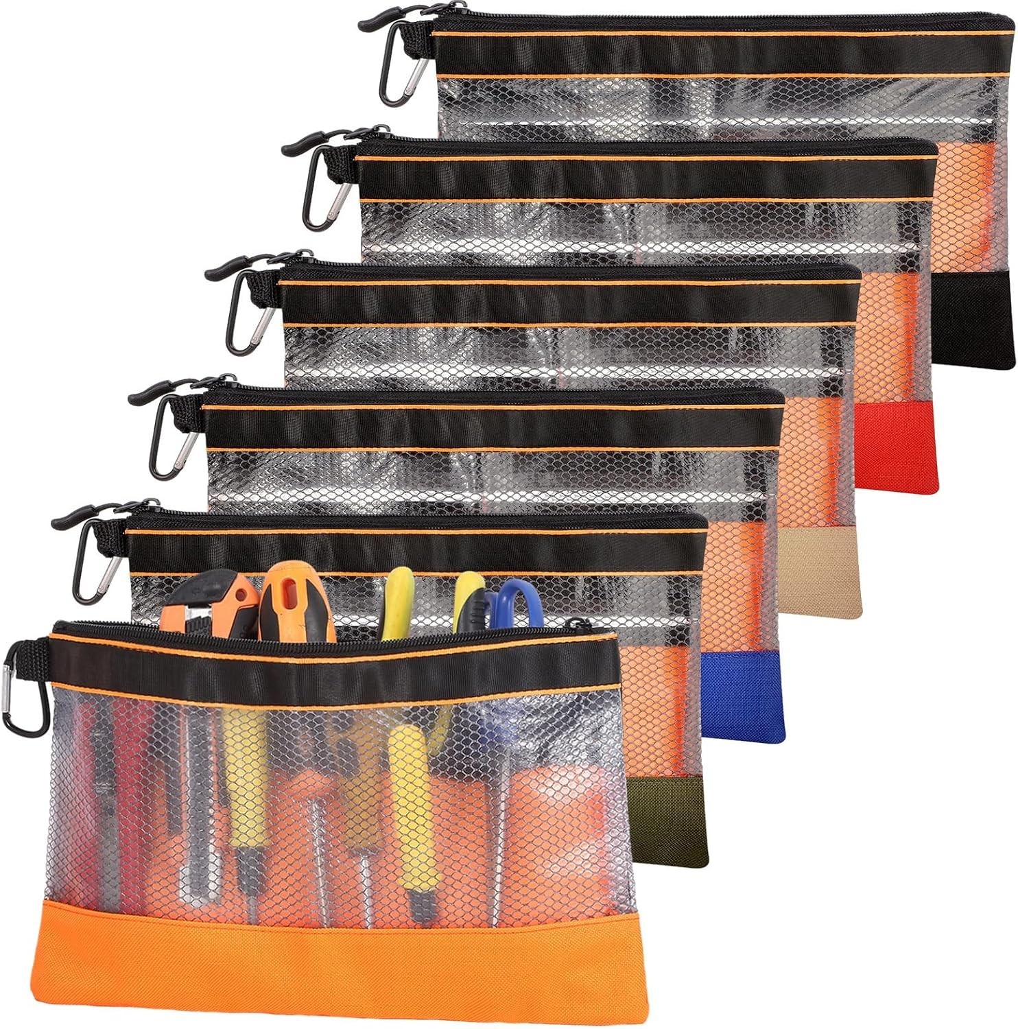 Clear Tool Pouch Bags Set of 6 Multicolor Heavy Duty Zipper Closure 11.8 Inches