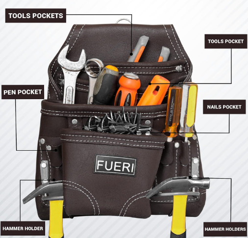 Leather Tool Pouch for carpenters 10 pockets Tool Belt Bag Electrician Framers