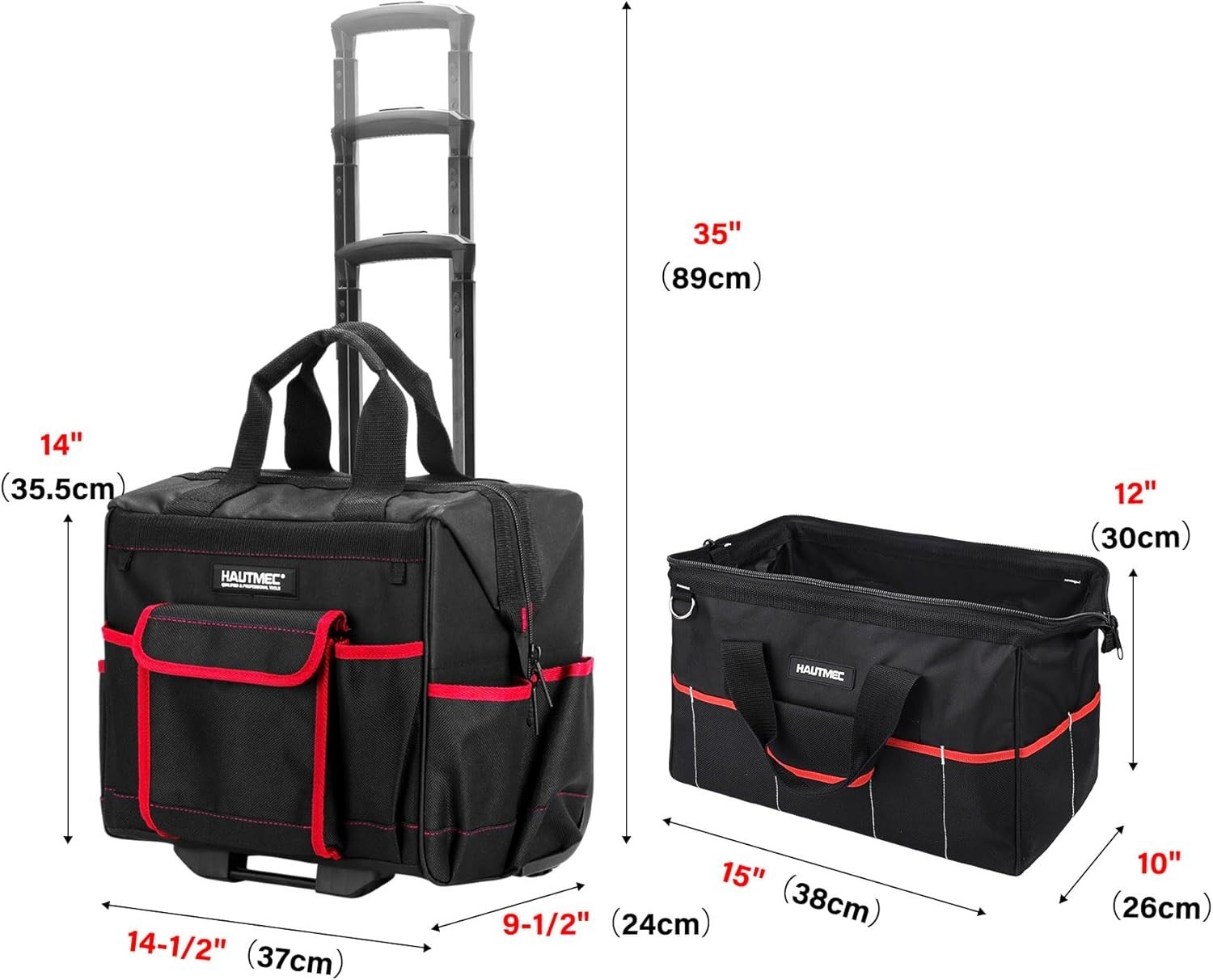 2-Piece Rolling Tool Bag Set, 15″ Wheeled Tool Bag & Wide Mouth Tool Tote, Heavy