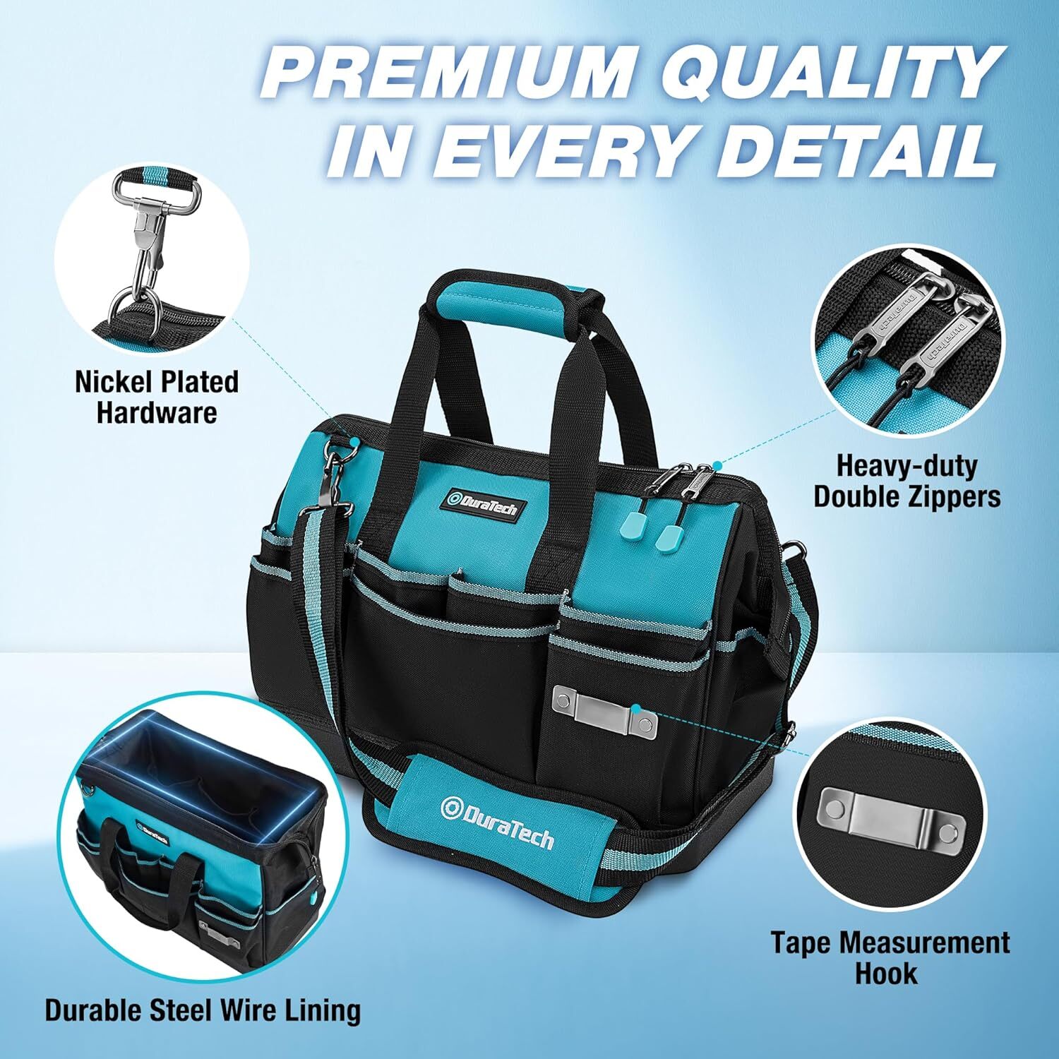DURATECH 16-Inch Heavy Duty Tool Bag with Waterproof Hard Bottom with 18 Pockets