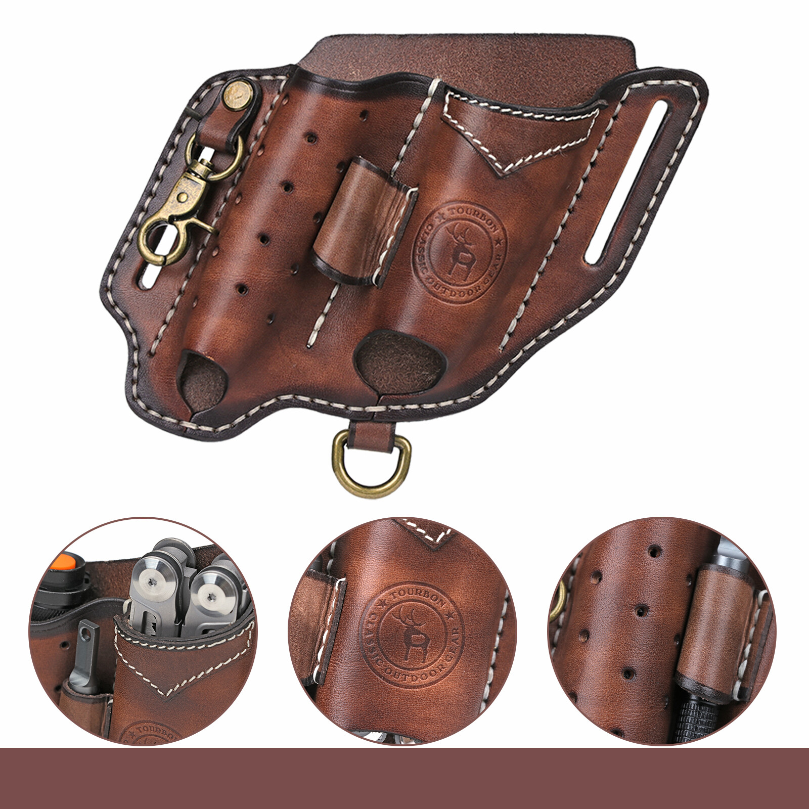 TOURBON Leather EDC Multitool Pouch Flashlight Holder Knife Belt Holster Camping