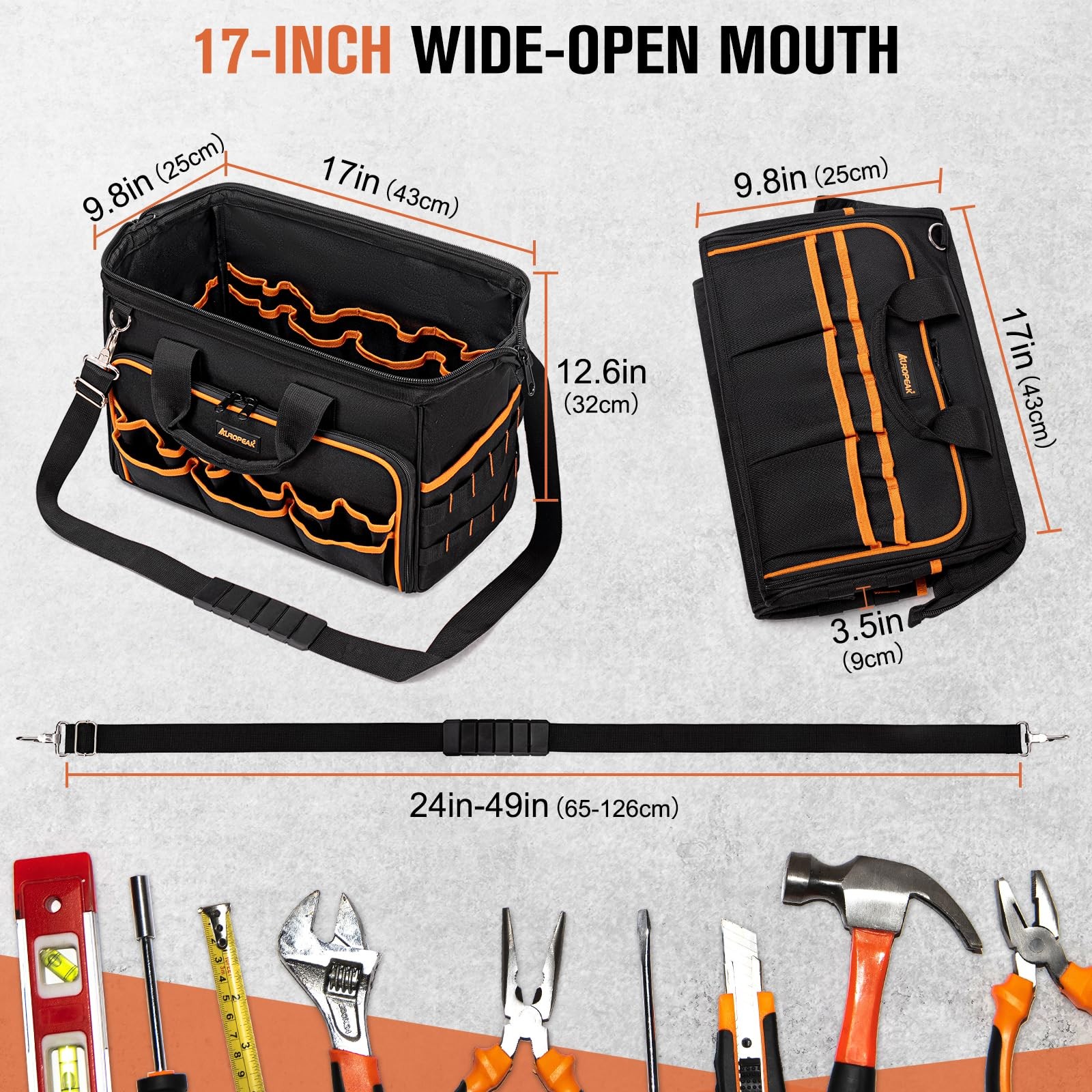17-Inch Electrician Tool Bags for Men, 46-Pocket 17″x9.8″x12.6″, Black-orange