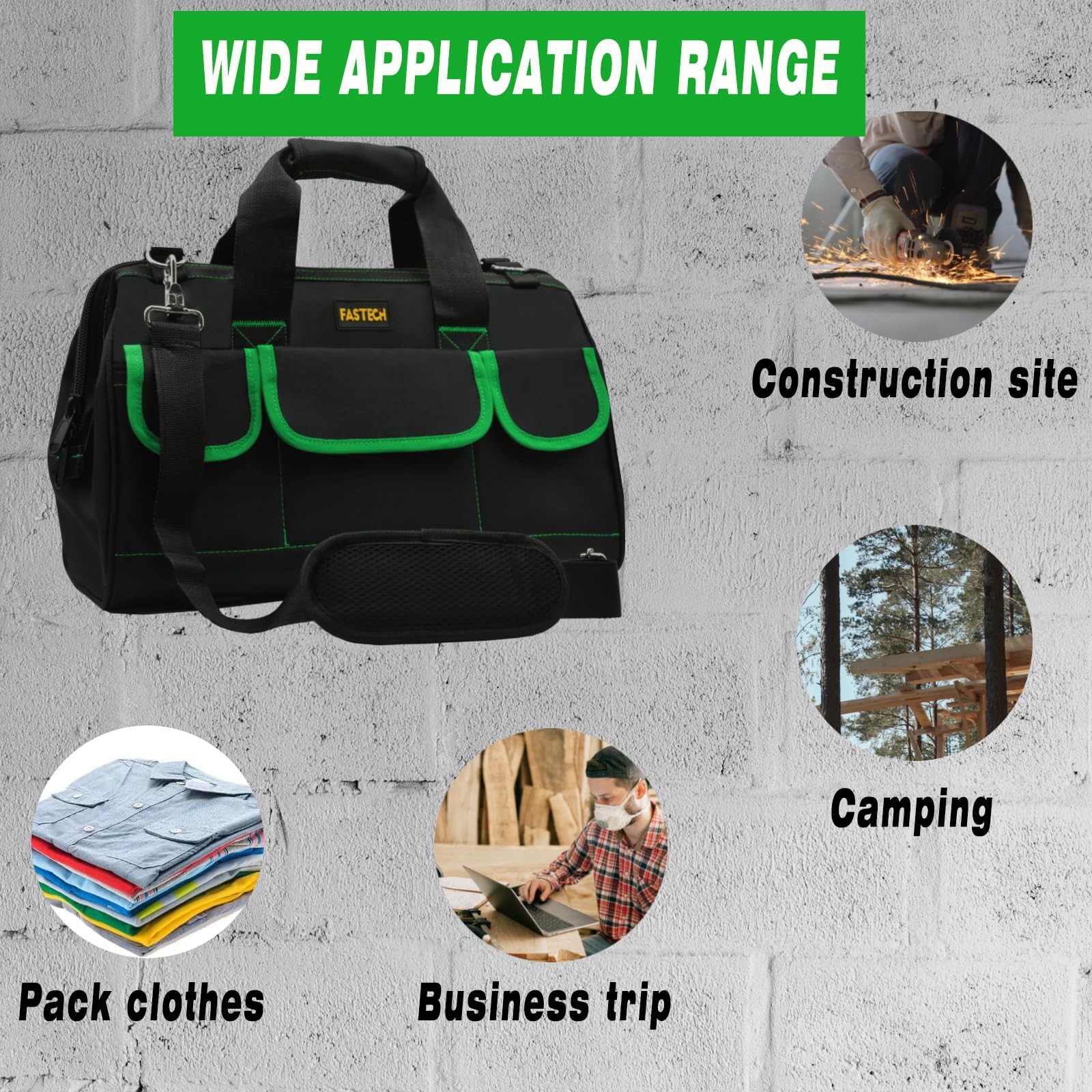 20 Inch Tool Bag Waterproof Wide Mouth Kit Large Storage Shoulder Strap Green